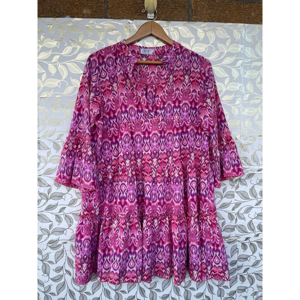 Anna Kay Pink Ikat Tiered Boho Dress Size TU Free Size Bohemian Flowy Tunic